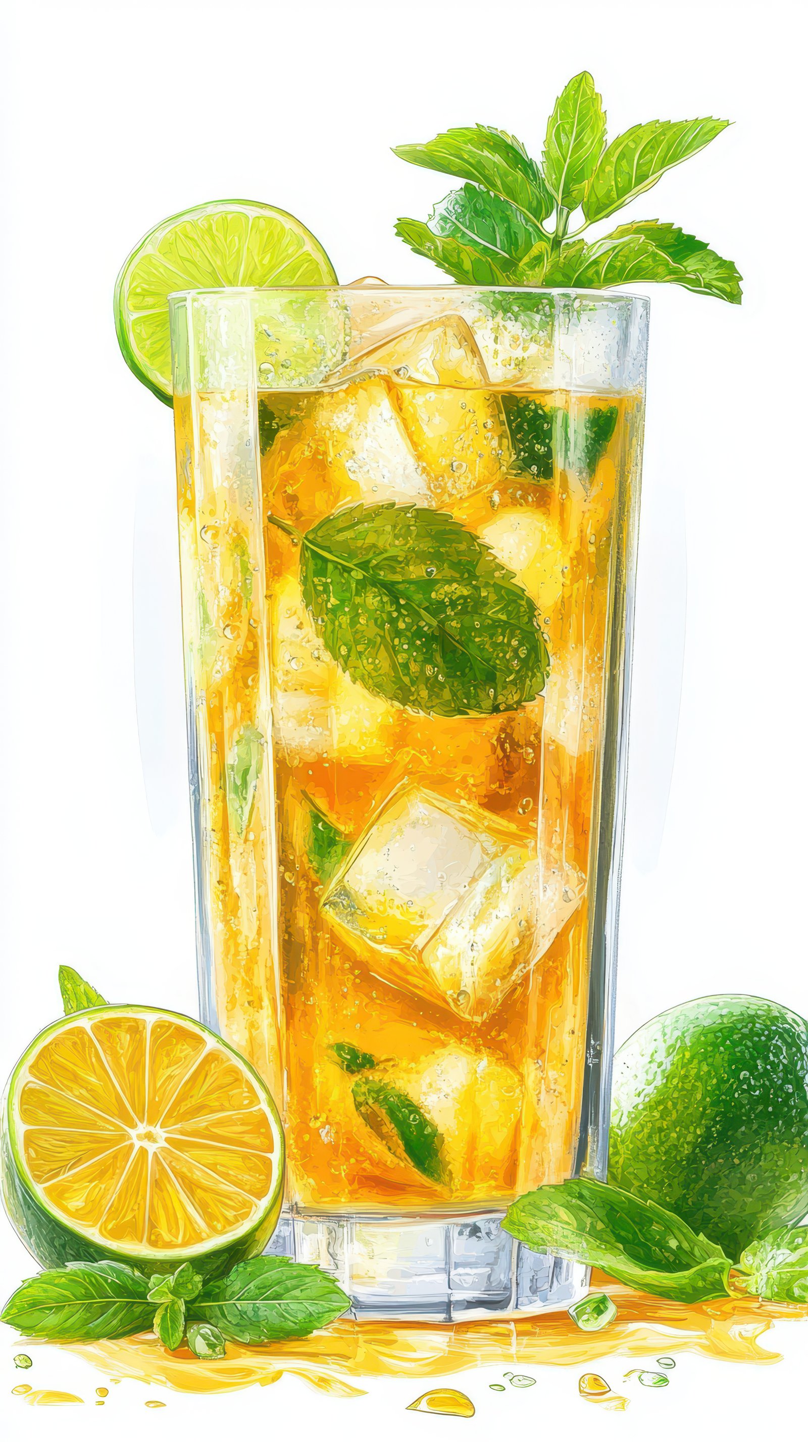Refreshing mint and lime drink with ice and citrus garnishes in a tall glass